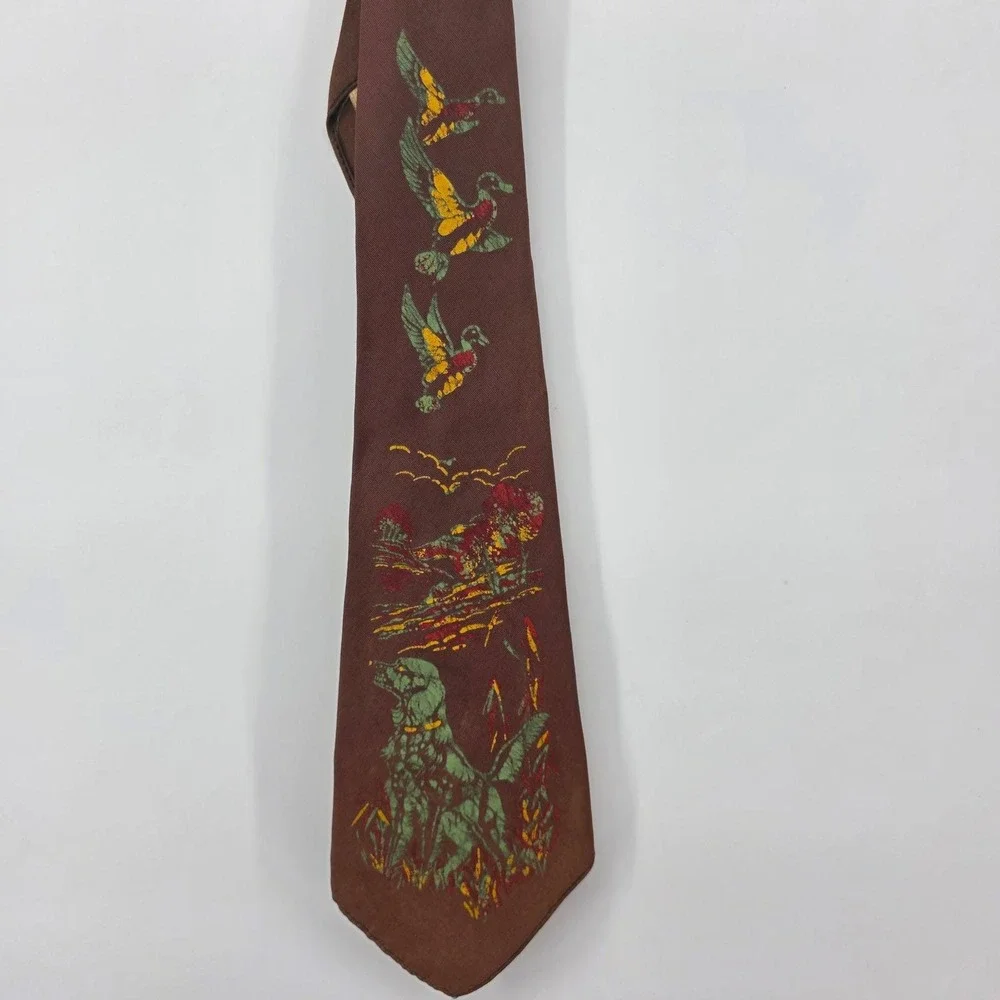 Vintage‎ Arco Brown Hunting Dog Duck Print Silk Necktie Men's Fashion Accessory